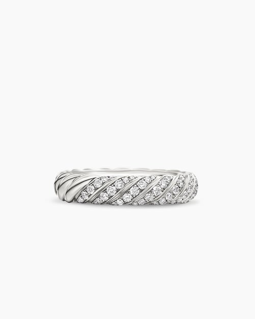 Womens Sculpted Cable Band Ring in 18K White Gold with Diamonds, 4.6mm