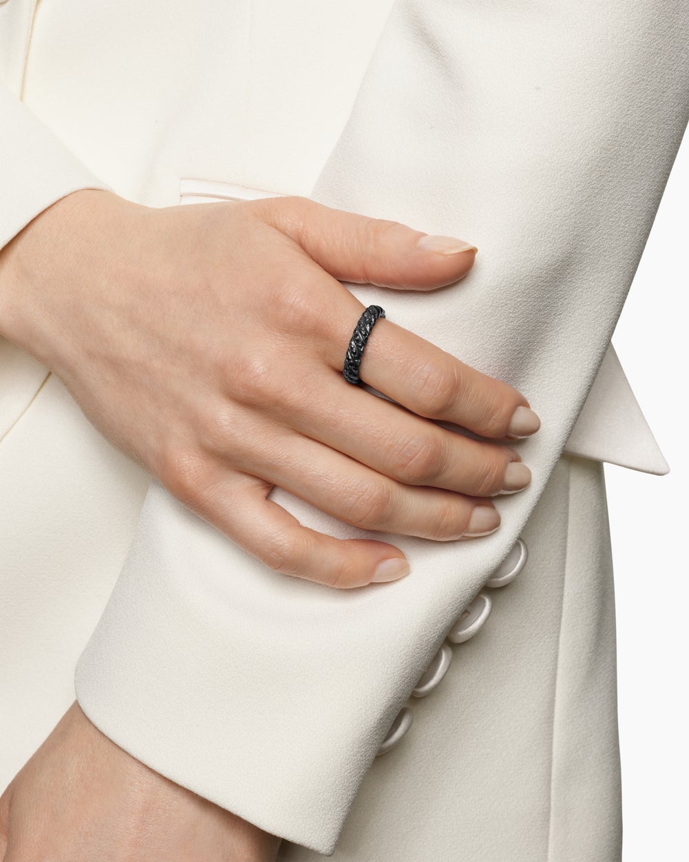 Womens Sculpted Cable Band Ring in Black Titanium with Diamonds, 4.6mm