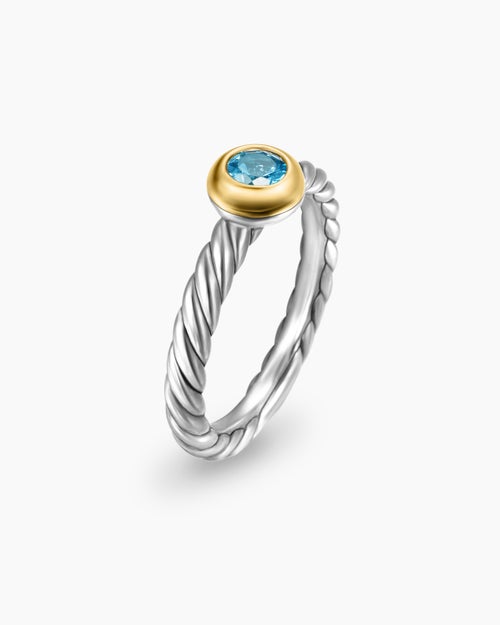 Womens Petite Cable Ring in Sterling Silver with 14K Yellow Gold and Blue Topaz, 2.8mm
