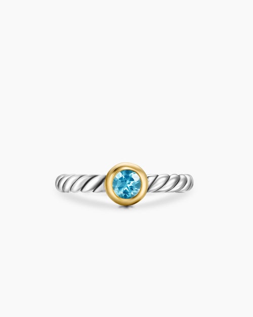 Womens Petite Cable Ring in Sterling Silver with 14K Yellow Gold and Blue Topaz, 2.8mm