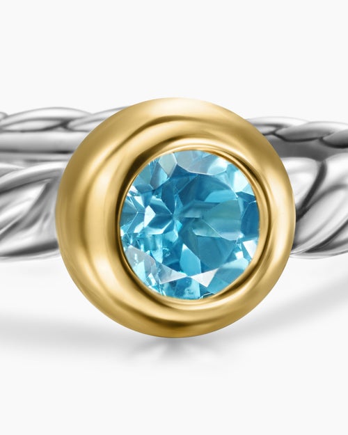 Womens Petite Cable Ring in Sterling Silver with 14K Yellow Gold and Blue Topaz, 2.8mm