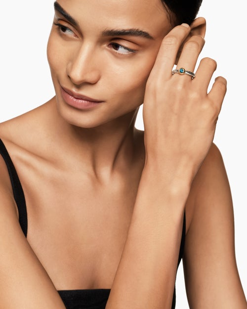 Womens Petite Cable Ring in Sterling Silver with 14K Yellow Gold and Blue Topaz, 2.8mm