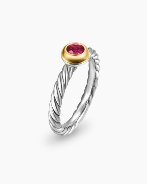 Womens Petite Cable Ring in Sterling Silver with 14K Yellow Gold and Rhodolite Garnet, 2.8mm