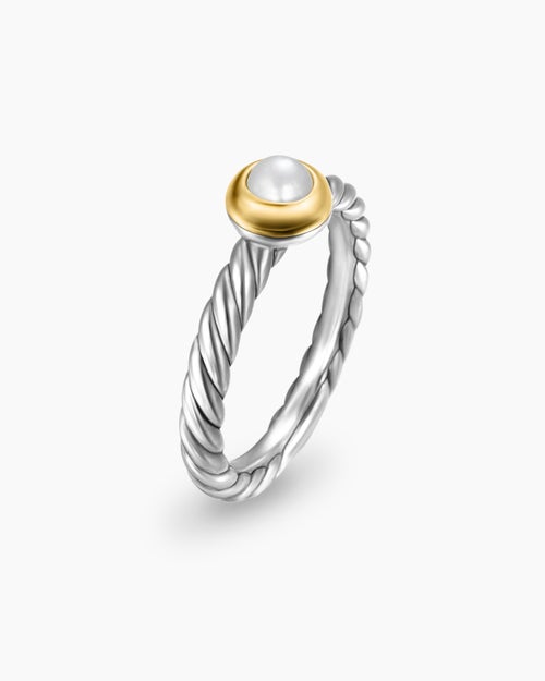Womens Petite Cable Ring in Sterling Silver with 14K Yellow Gold and Pearl, 2.8mm