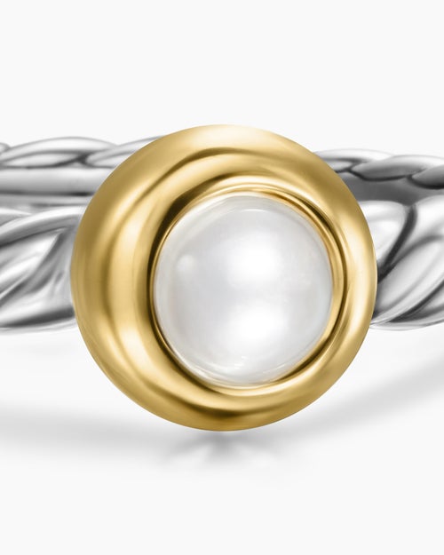 Womens Petite Cable Ring in Sterling Silver with 14K Yellow Gold and Pearl, 2.8mm