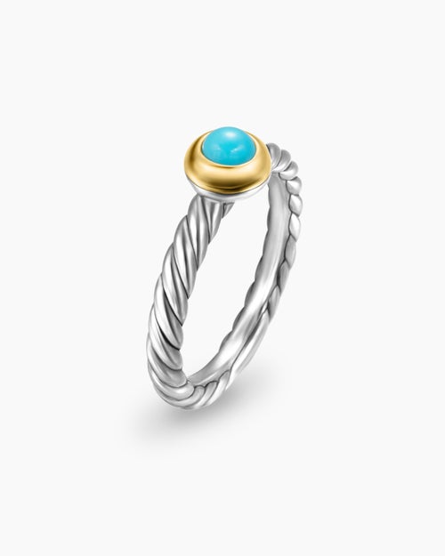Womens Petite Cable Ring in Sterling Silver with 14K Yellow Gold and Turquoise, 2.8mm