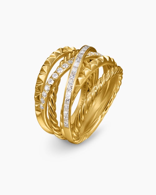 Womens Crossover Trio Six Row Ring in 18K Yellow Gold with Diamonds, 17.5mm