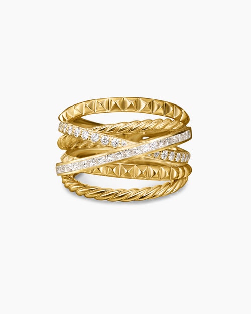 Womens Crossover Trio Six Row Ring in 18K Yellow Gold with Diamonds, 17.5mm