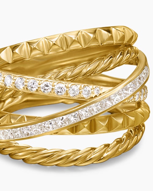 Womens Crossover Trio Six Row Ring in 18K Yellow Gold with Diamonds, 17.5mm