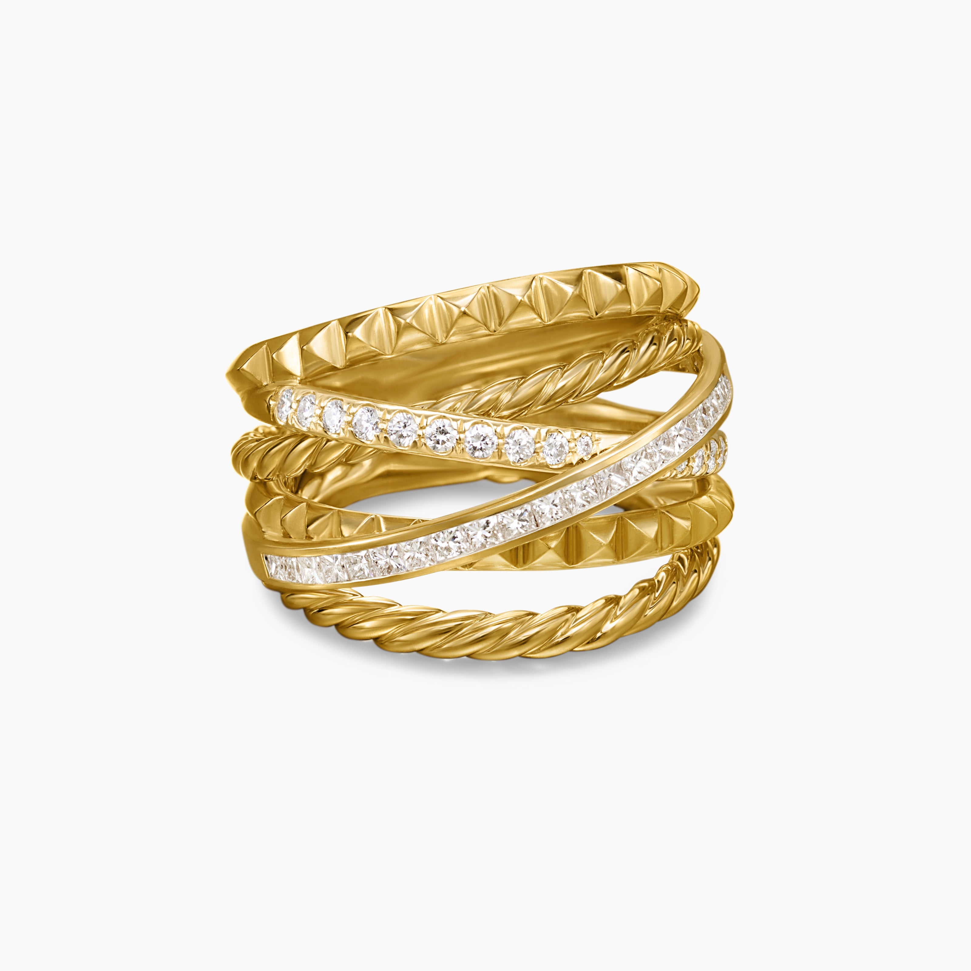 Womens Crossover Trio Six Row Ring in 18K Yellow Gold with Diamonds, 17.5mm