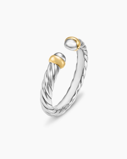 Womens Petite Cable Open Ring in Sterling Silver with 14K Yellow Gold, 3.4mm