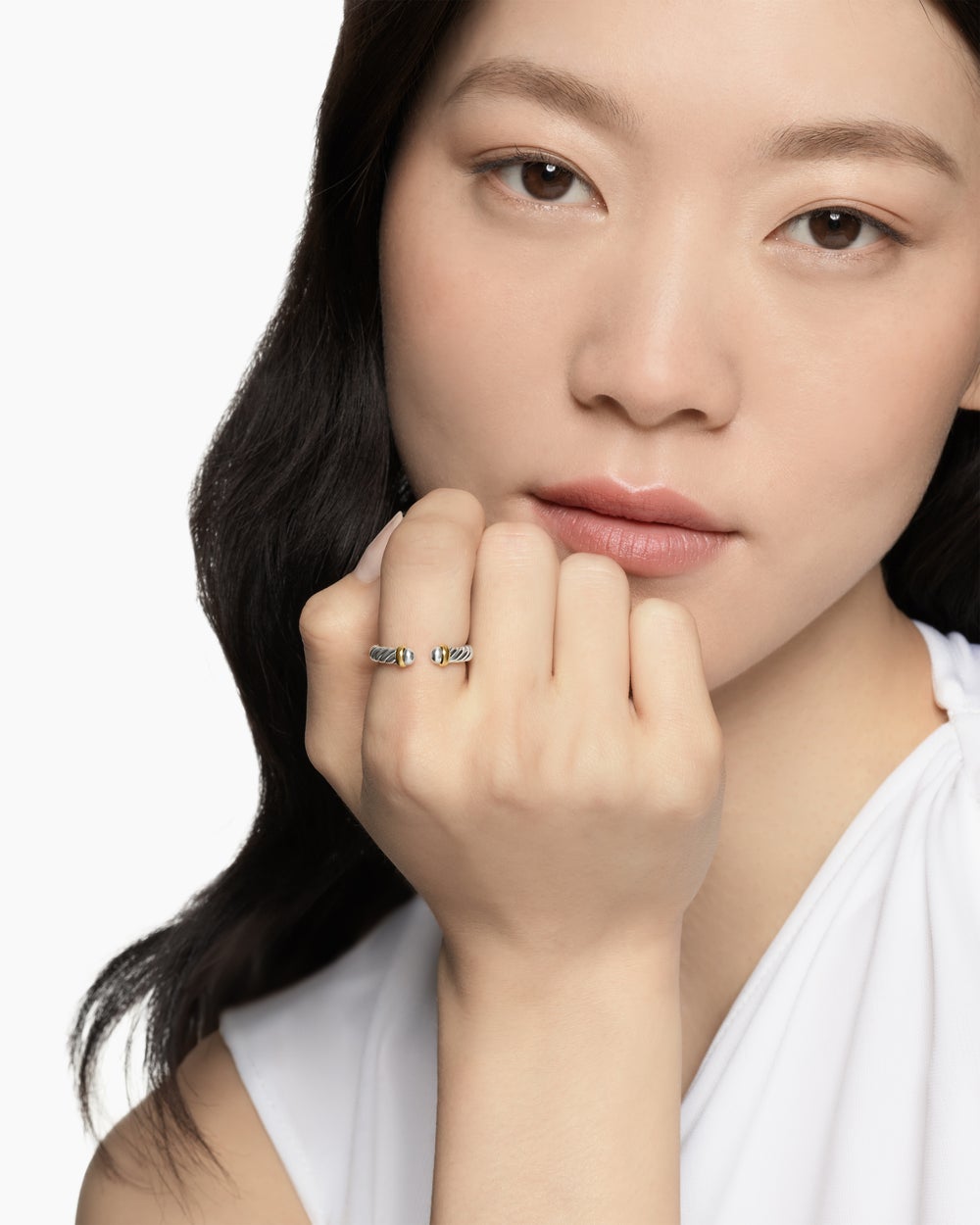 Womens Petite Cable Open Ring in Sterling Silver with 14K Yellow Gold, 3.4mm