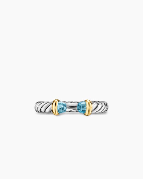 Womens Petite Cable Open Ring in Sterling Silver with 14K Yellow Gold and Blue Topaz, 3.4mm