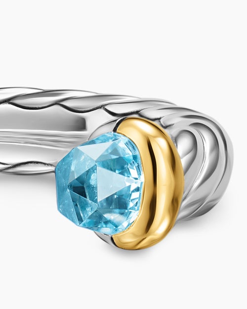 Womens Petite Cable Open Ring in Sterling Silver with 14K Yellow Gold and Blue Topaz, 3.4mm