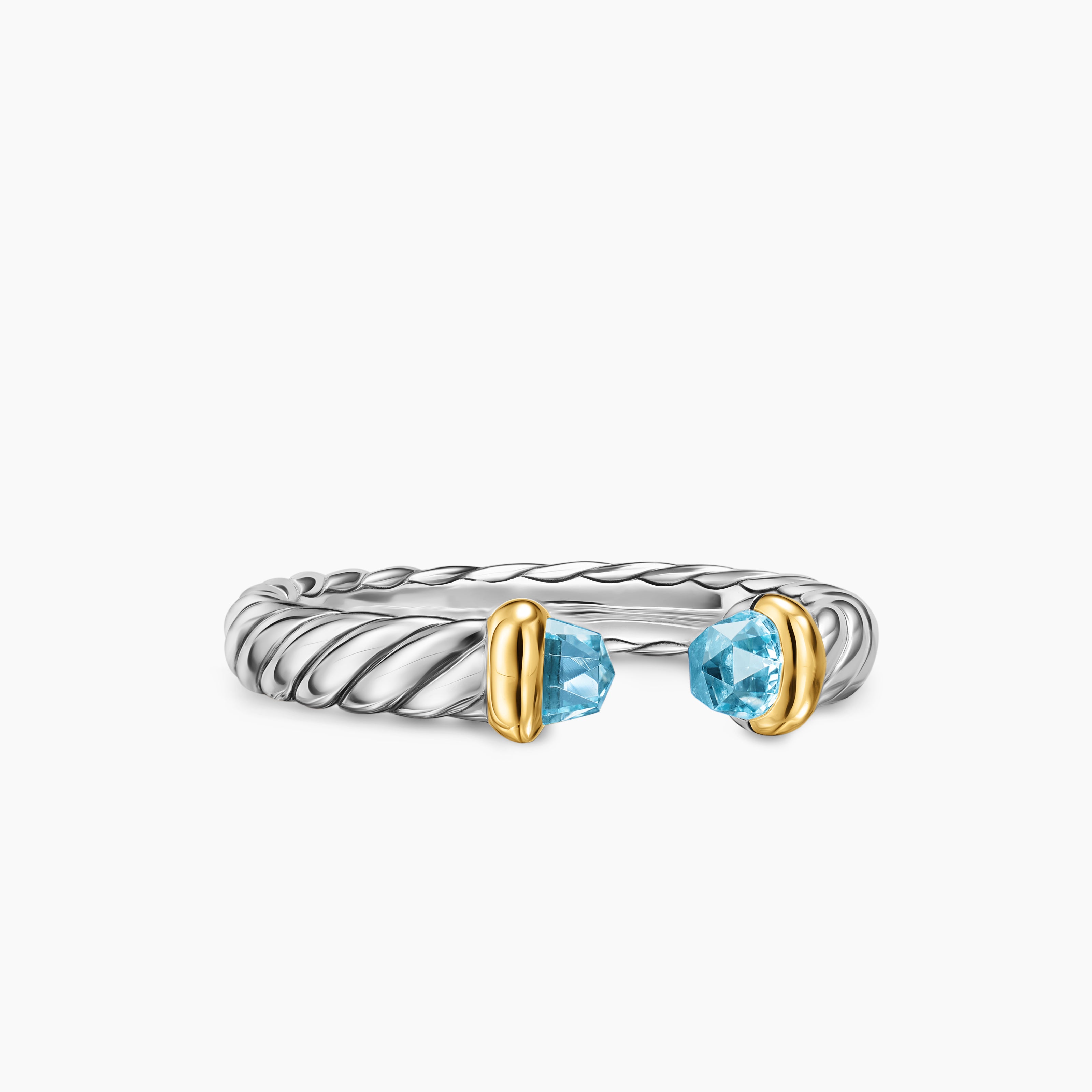 Womens Petite Cable Open Ring in Sterling Silver with 14K Yellow Gold and Blue Topaz, 3.4mm