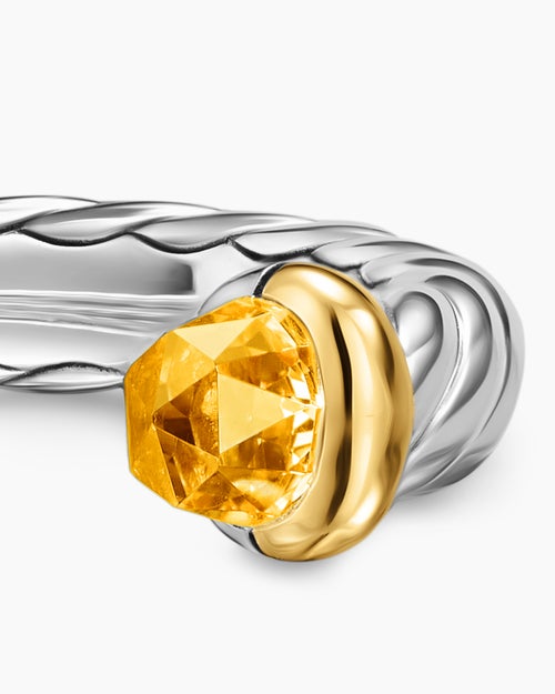 Womens Petite Cable Open Ring in Sterling Silver with 14K Yellow Gold and Citrine, 3.4mm