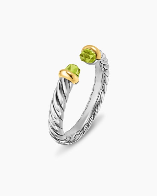 Womens Petite Cable Open Ring in Sterling Silver with 14K Yellow Gold and Peridot, 3.4mm