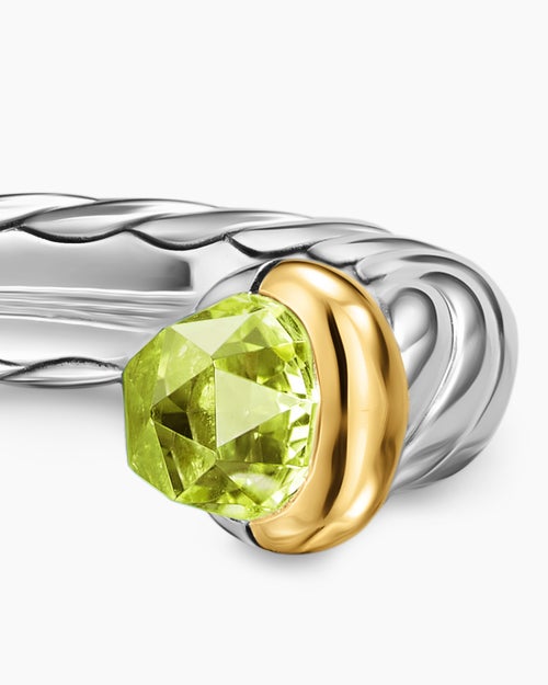 Womens Petite Cable Open Ring in Sterling Silver with 14K Yellow Gold and Peridot, 3.4mm