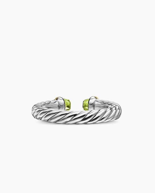 Womens Petite Cable Open Ring in Sterling Silver with 14K Yellow Gold and Peridot, 3.4mm