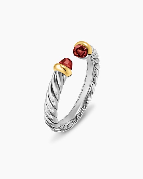 Womens Petite Cable Open Ring in Sterling Silver with 14K Yellow Gold and Rhodolite Garnet, 3.4mm