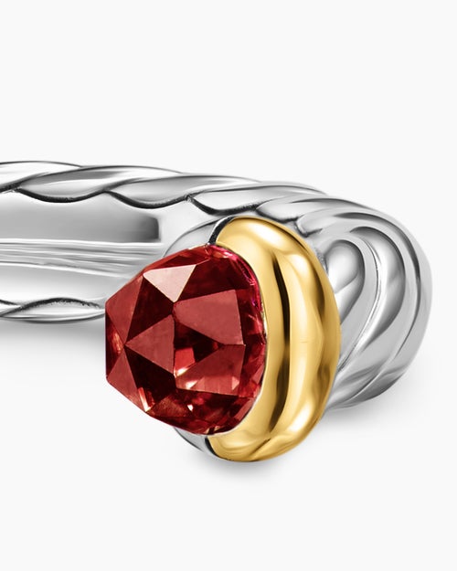 Womens Petite Cable Open Ring in Sterling Silver with 14K Yellow Gold and Rhodolite Garnet, 3.4mm
