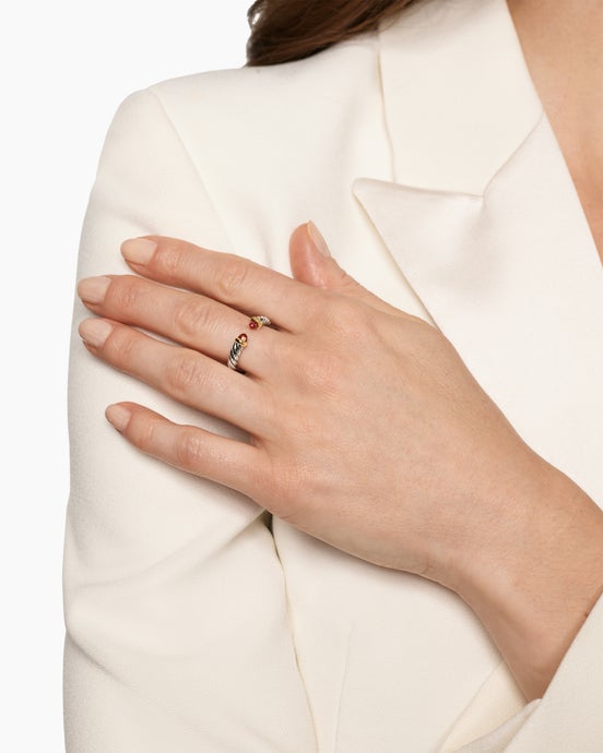 Petite Cable Open Ring in Sterling Silver with 14K Yellow Gold and Rhodolite Garnet, 3.4mm