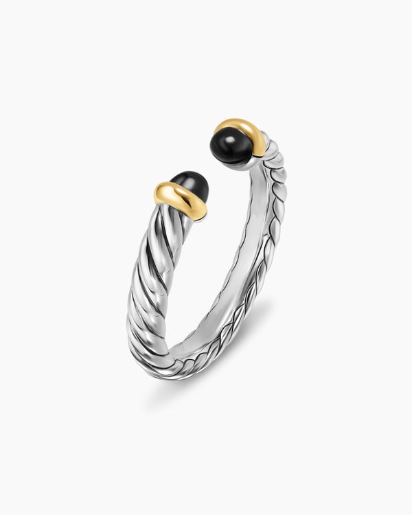 Petite Cable Open Ring in Sterling Silver with 14K Yellow Gold and Black Onyx, 3.4mm