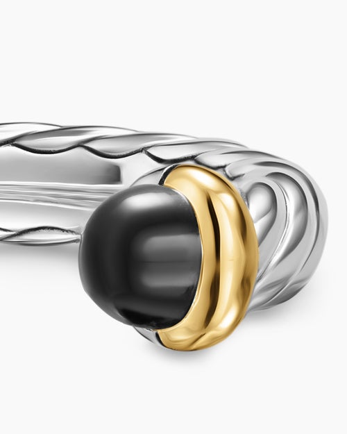 Womens Petite Cable Open Ring in Sterling Silver with 14K Yellow Gold and Black Onyx, 3.4mm