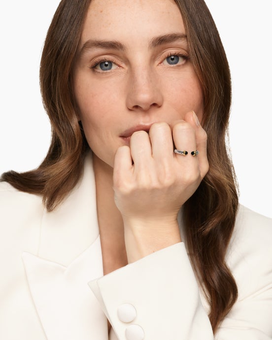 Petite Cable Open Ring in Sterling Silver with 14K Yellow Gold and Black Onyx, 3.4mm