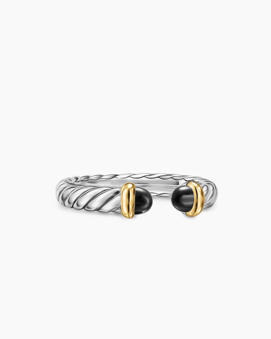 Petite Cable Open Ring in Sterling Silver with 14K Yellow Gold and Black Onyx, 3.4mm