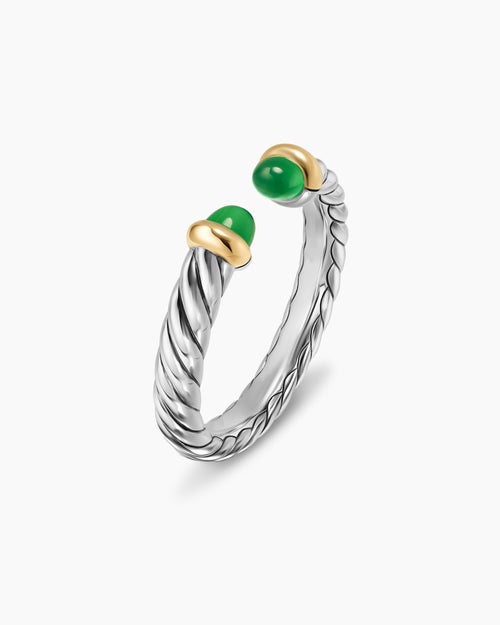 Womens Petite Cable Open Ring in Sterling Silver with 14K Yellow Gold and Green Onyx, 3.4mm