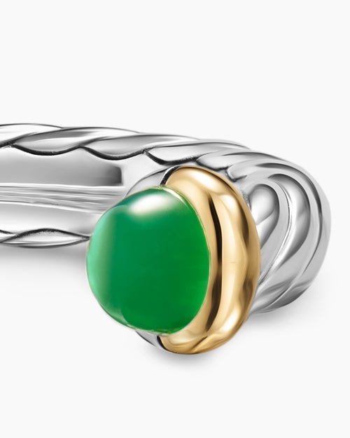Womens Petite Cable Open Ring in Sterling Silver with 14K Yellow Gold and Green Onyx, 3.4mm