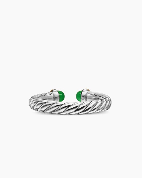 Womens Petite Cable Open Ring in Sterling Silver with 14K Yellow Gold and Green Onyx, 3.4mm