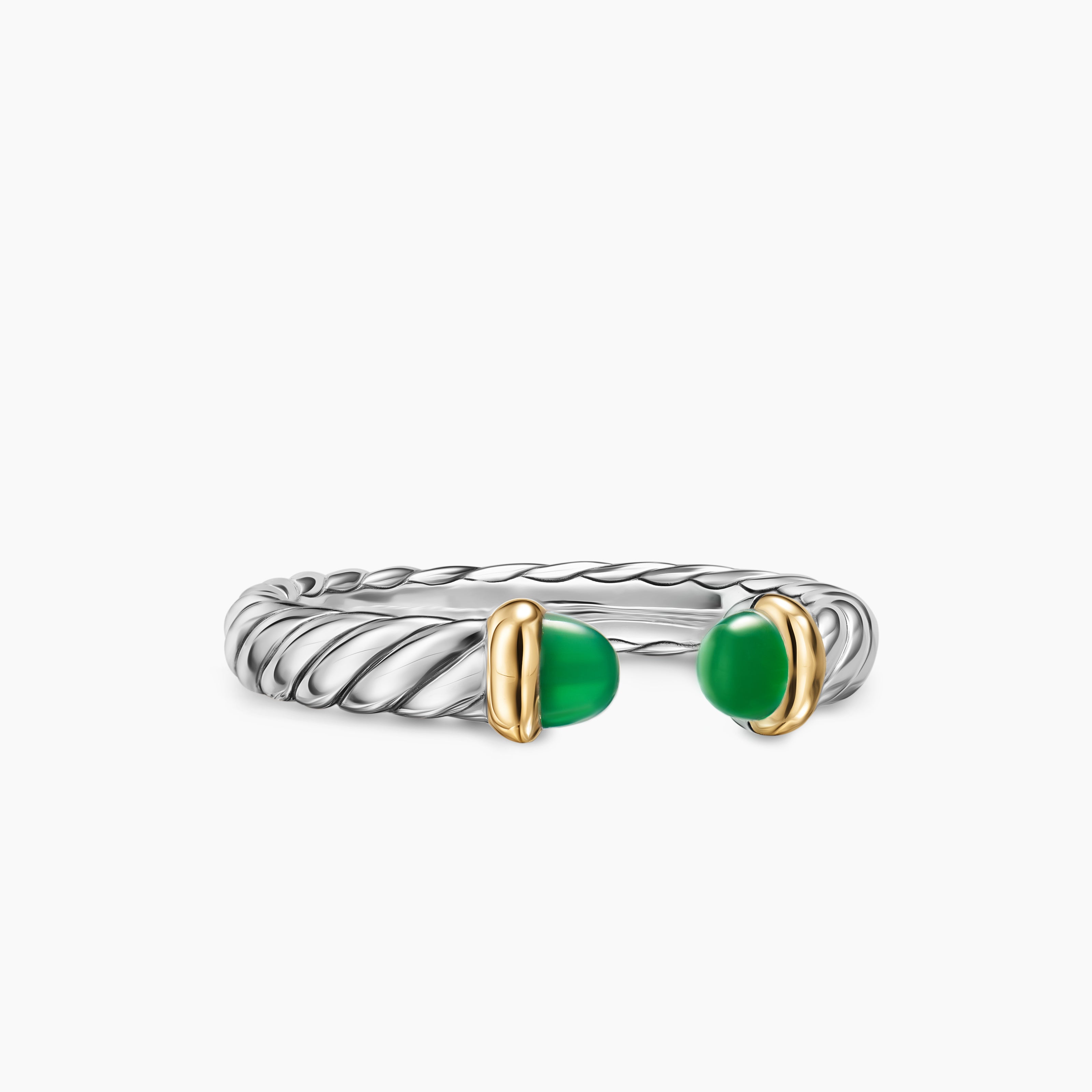 Womens Petite Cable Open Ring in Sterling Silver with 14K Yellow Gold and Green Onyx, 3.4mm