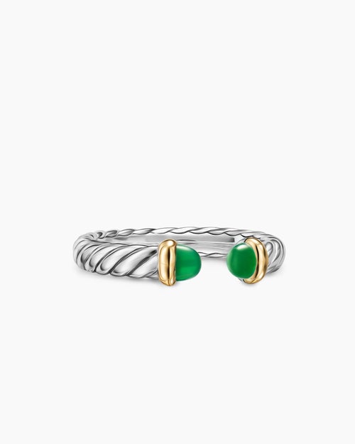 Womens Petite Cable Open Ring in Sterling Silver with 14K Yellow Gold and Green Onyx, 3.4mm