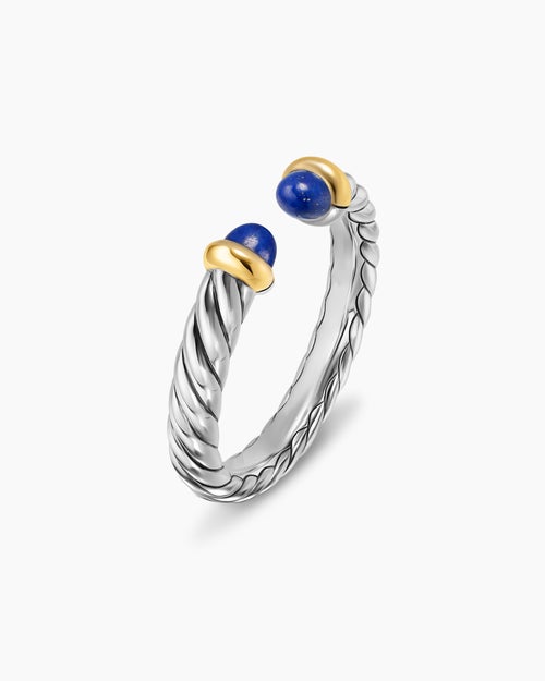 Womens Petite Cable Open Ring in Sterling Silver with 14K Yellow Gold and Lapis, 3.4mm