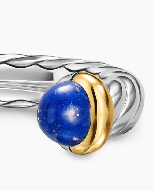 Womens Petite Cable Open Ring in Sterling Silver with 14K Yellow Gold and Lapis, 3.4mm