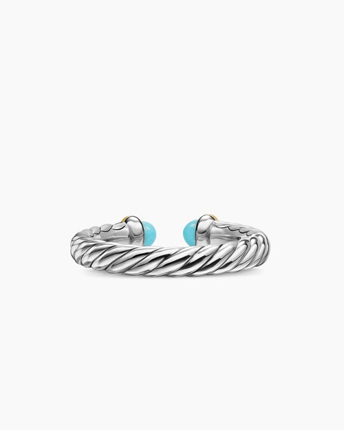Womens Petite Cable Open Ring in Sterling Silver with 14K Yellow Gold and Turquoise, 3.4mm