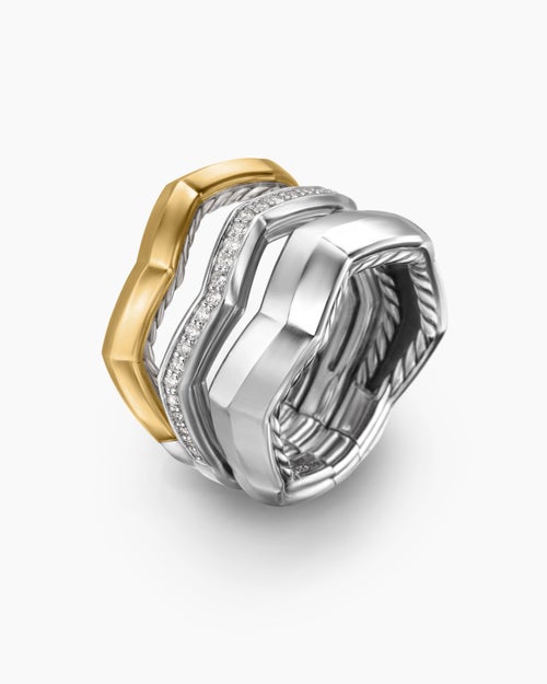 Womens Zig Zag Stax Three Row Ring in Sterling Silver with 18K Yellow Gold and Diamonds, 11.7mm