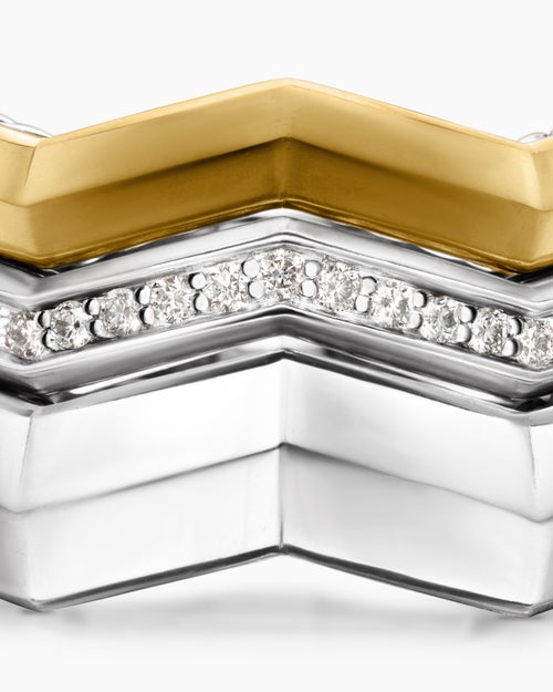 Womens Zig Zag Stax Three Row Ring in Sterling Silver with 18K Yellow Gold and Diamonds, 11.7mm