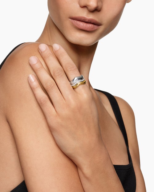 Womens Zig Zag Stax Three Row Ring in Sterling Silver with 18K Yellow Gold and Diamonds, 11.7mm