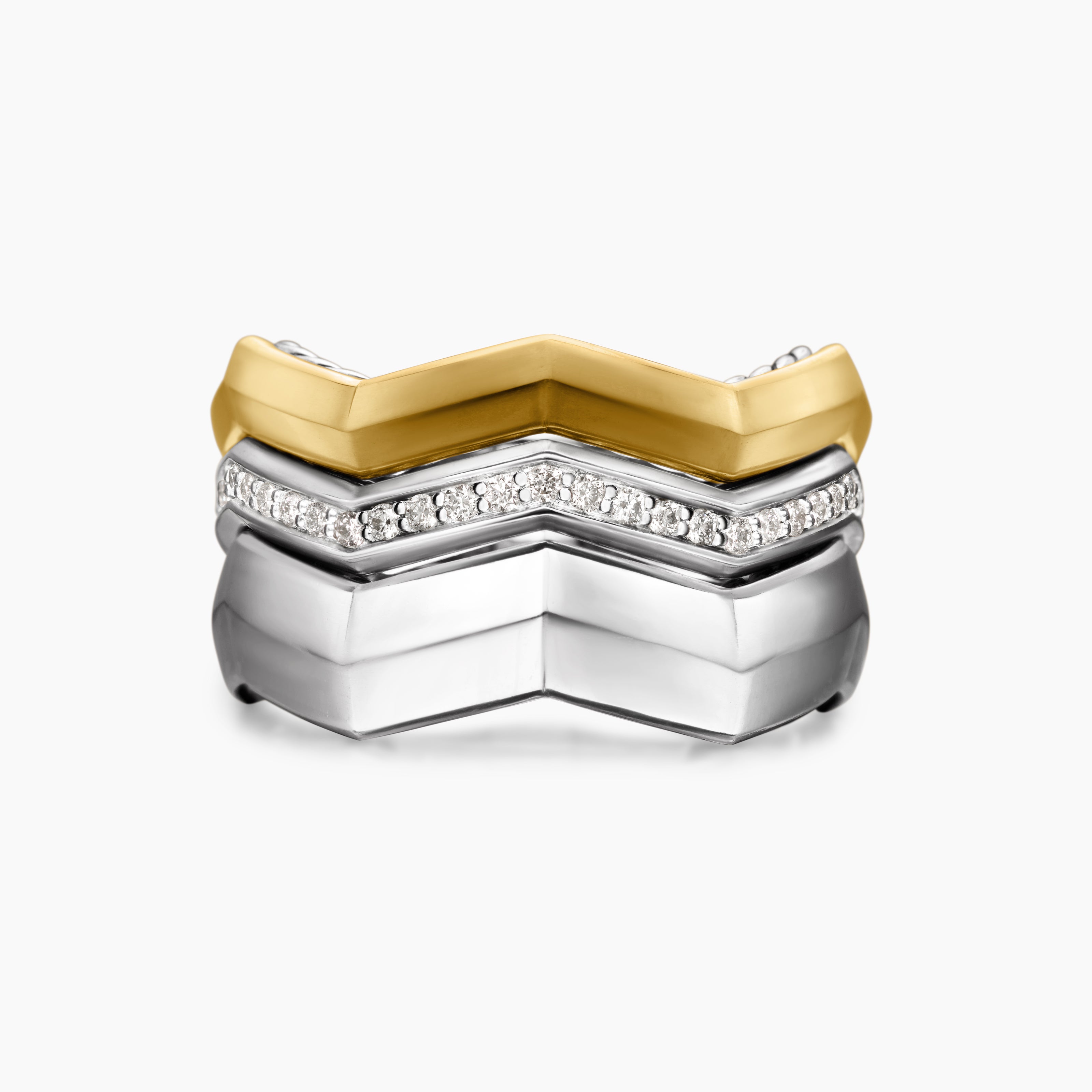 Womens Zig Zag Stax Three Row Ring in Sterling Silver with 18K Yellow Gold and Diamonds, 11.7mm