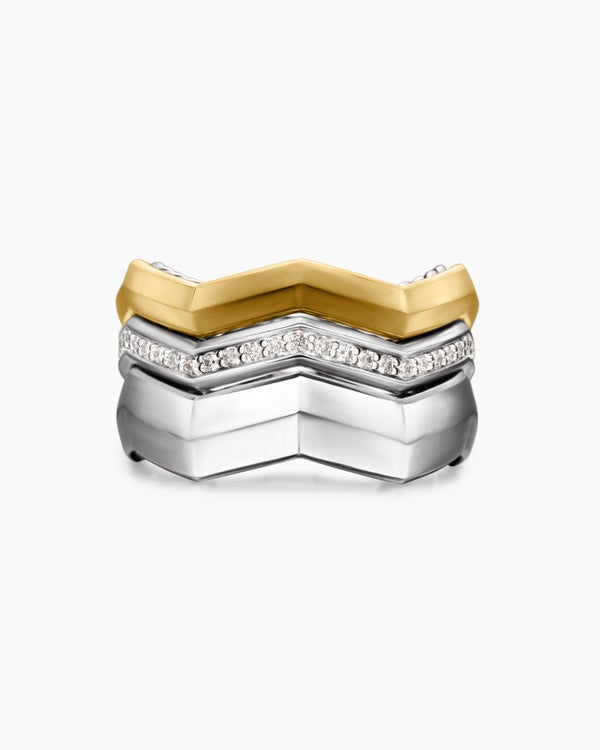 Zig Zag Stax Three Row Ring in Sterling Silver with 18K Yellow Gold and Diamonds, 11.7mm