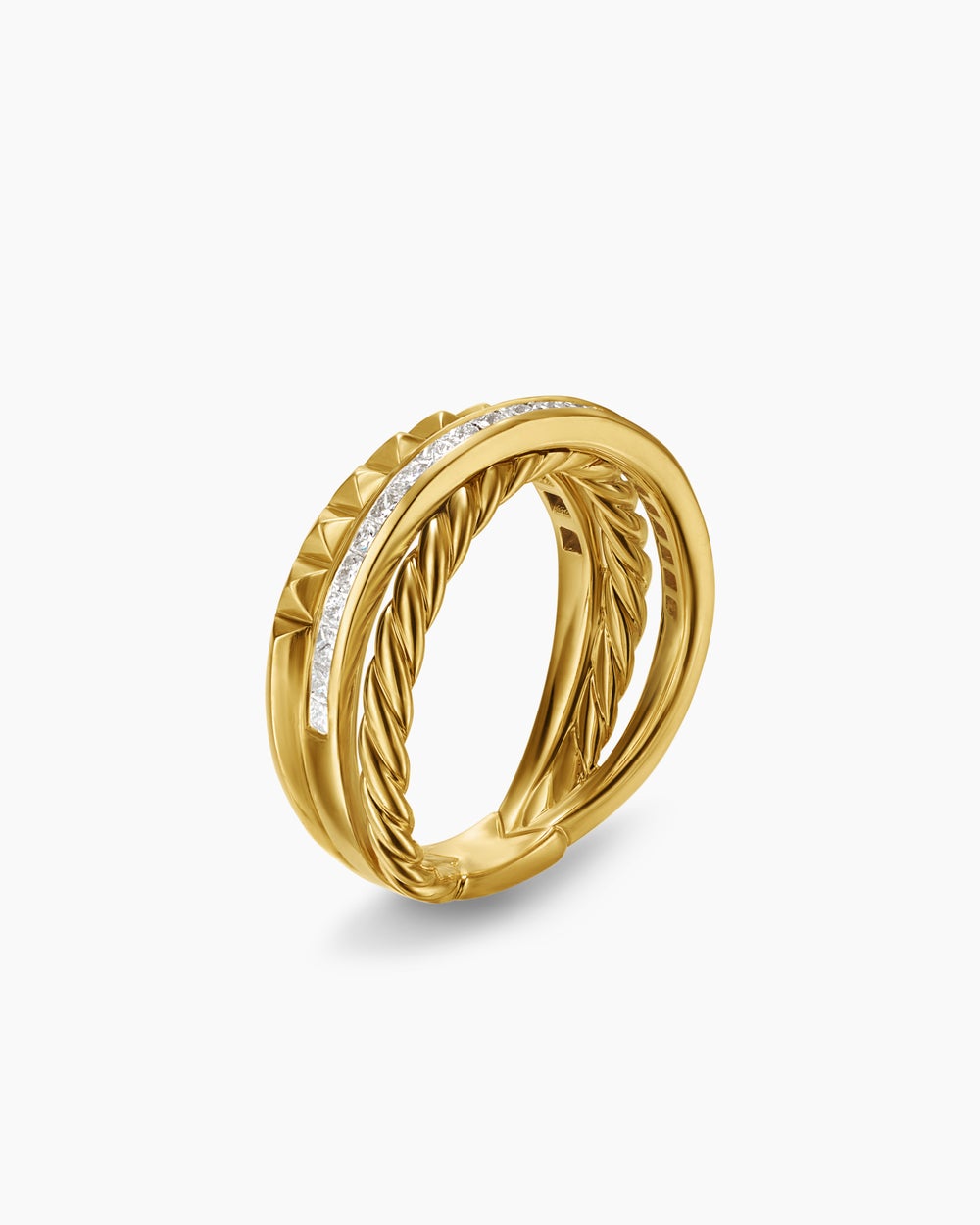 Womens Crossover Trio Three Row Ring in 18K Yellow Gold with Diamonds, 8mm
