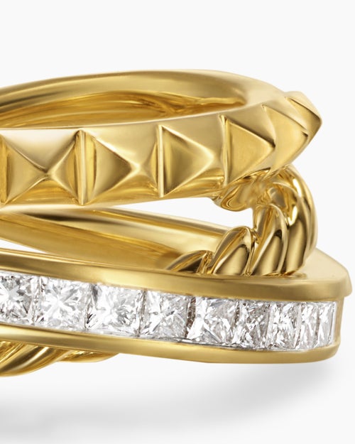 Womens Crossover Trio Three Row Ring in 18K Yellow Gold with Diamonds, 8mm