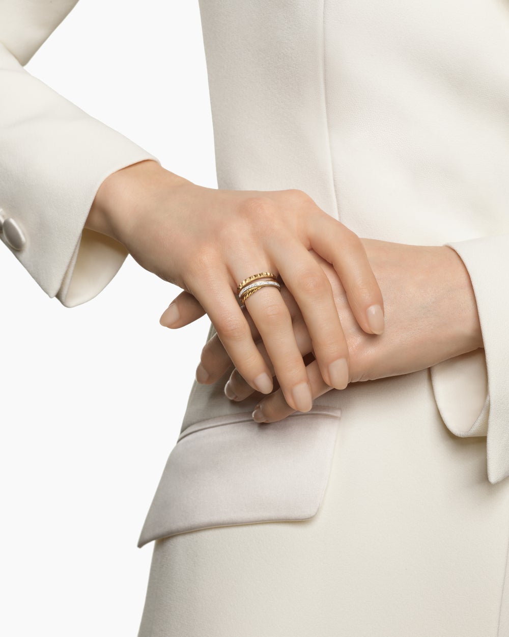 Womens Crossover Trio Three Row Ring in 18K Yellow Gold with Diamonds, 8mm
