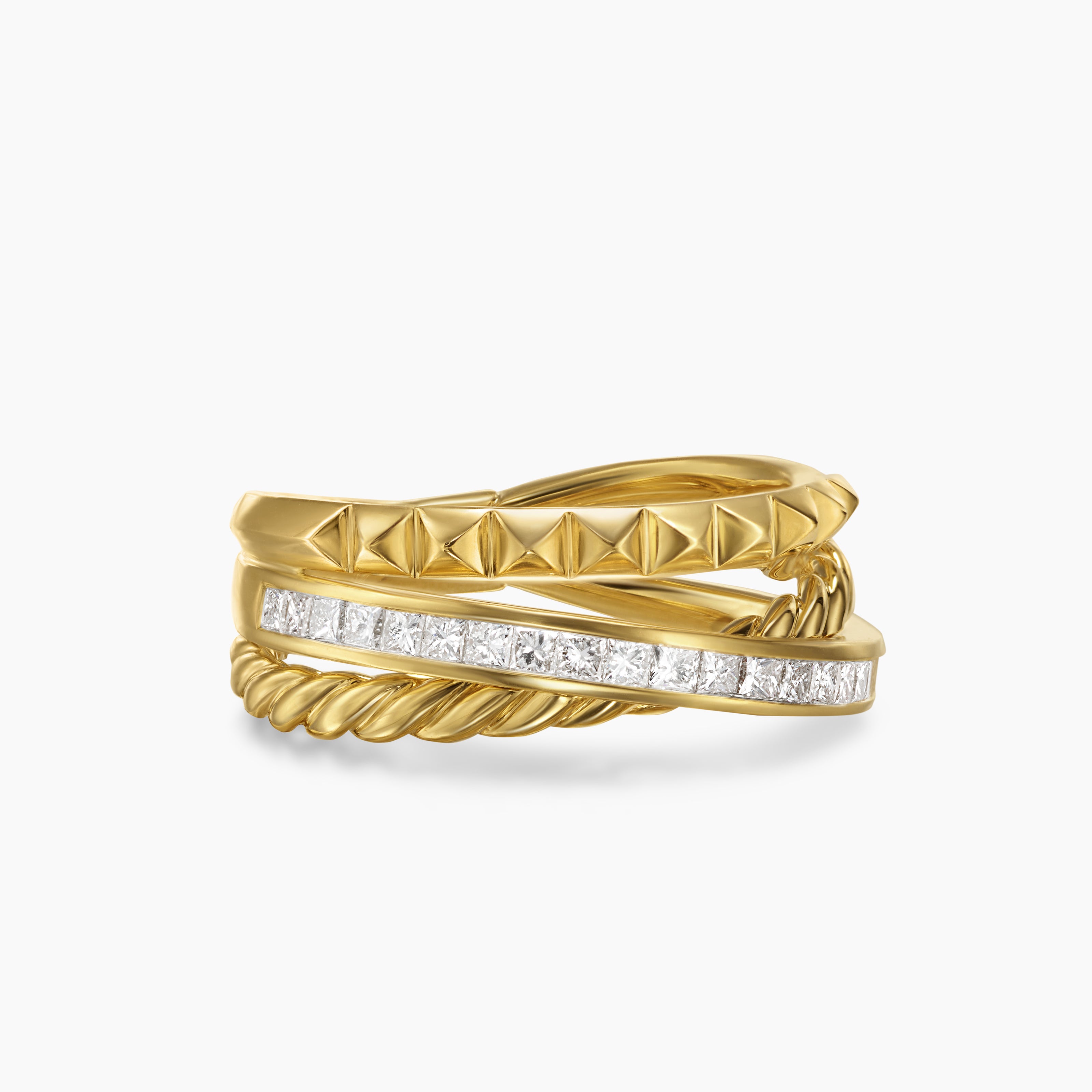 Womens Crossover Trio Three Row Ring in 18ct Yellow Gold with Diamonds, 8mm