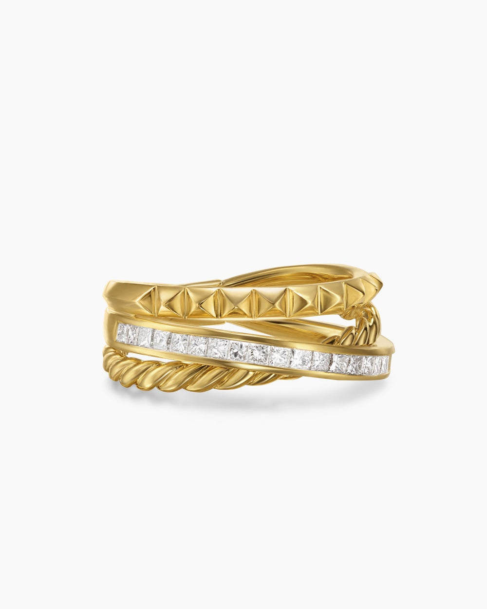 Womens Crossover Trio Three Row Ring in 18K Yellow Gold with Diamonds, 8mm