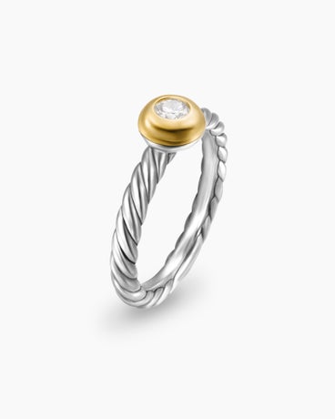 Petite Modern Cable Ring in Sterling Silver with 14K Yellow Gold and Centre Diamond, 2.8mm