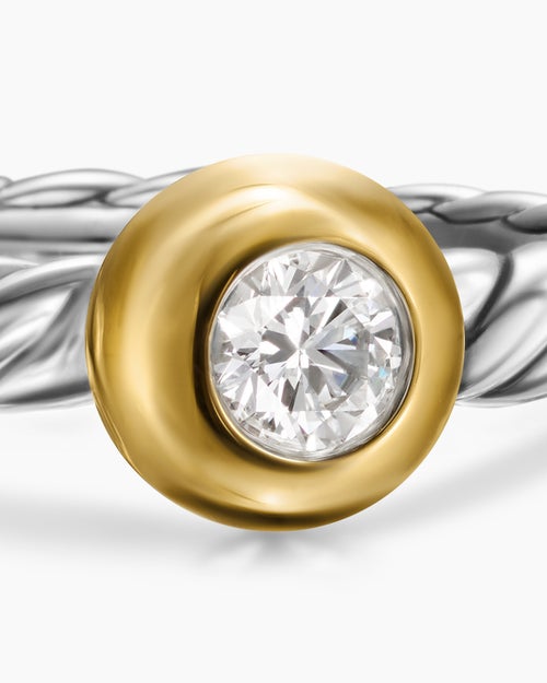 Womens Petite Cable Ring in Sterling Silver with 14K Yellow Gold and Centre Diamond, 2.8mm